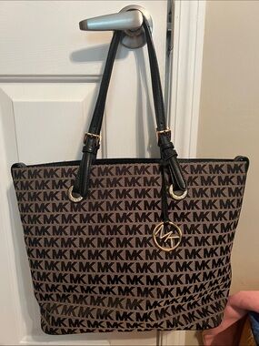 Michael Kors Brown and Black MK Logo Tote with Gold Charm